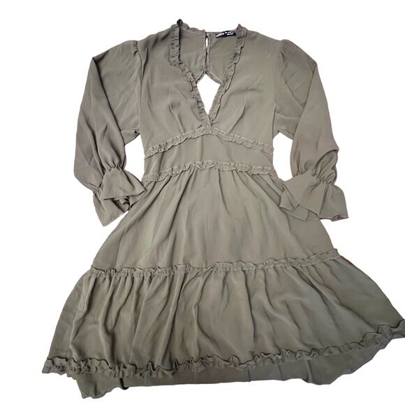 SHEIN Casual Vcay Frill Trim Flare Sleeve Ruffle Hem Dress Army Green Large Boho - Picture 6 of 15